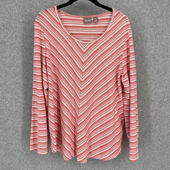 Chicos Hummingbird Stripe Scoop-Neck Sweater Top Size XL Knit Lightweight Coral - Picture 1 of 10
